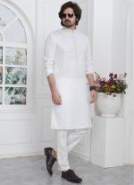 Linen Cotton White Traditional Wear Thread Work Kurta Pajama